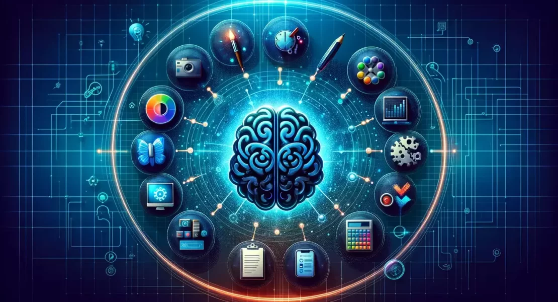 AI tools intelligence, surrounded by icons representing various productivity domains such as writing,