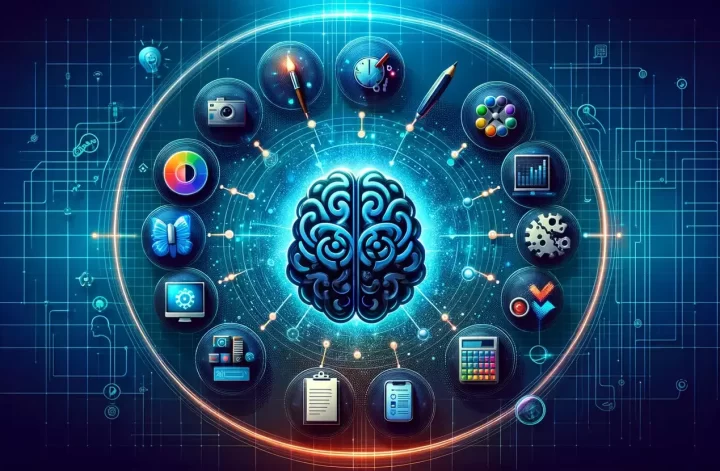 AI tools intelligence, surrounded by icons representing various productivity domains such as writing,