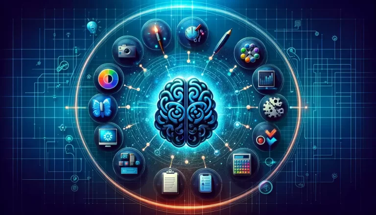 AI tools intelligence, surrounded by icons representing various productivity domains such as writing,